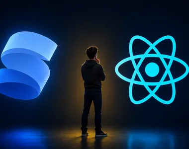 SolidJs and React logos side by side with a person looking thoughtfully at them