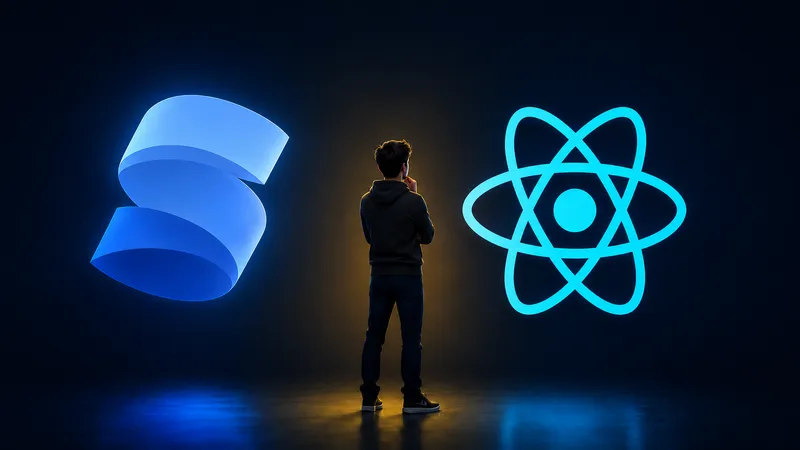 SolidJs and React logos side by side with a person looking thoughtfully at them
