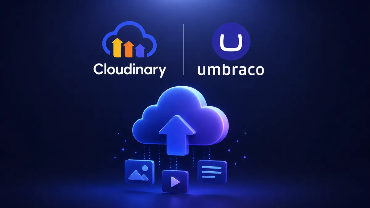Cloudinary and Umbraco logos side by side on a dark background with a cloud upload illustration